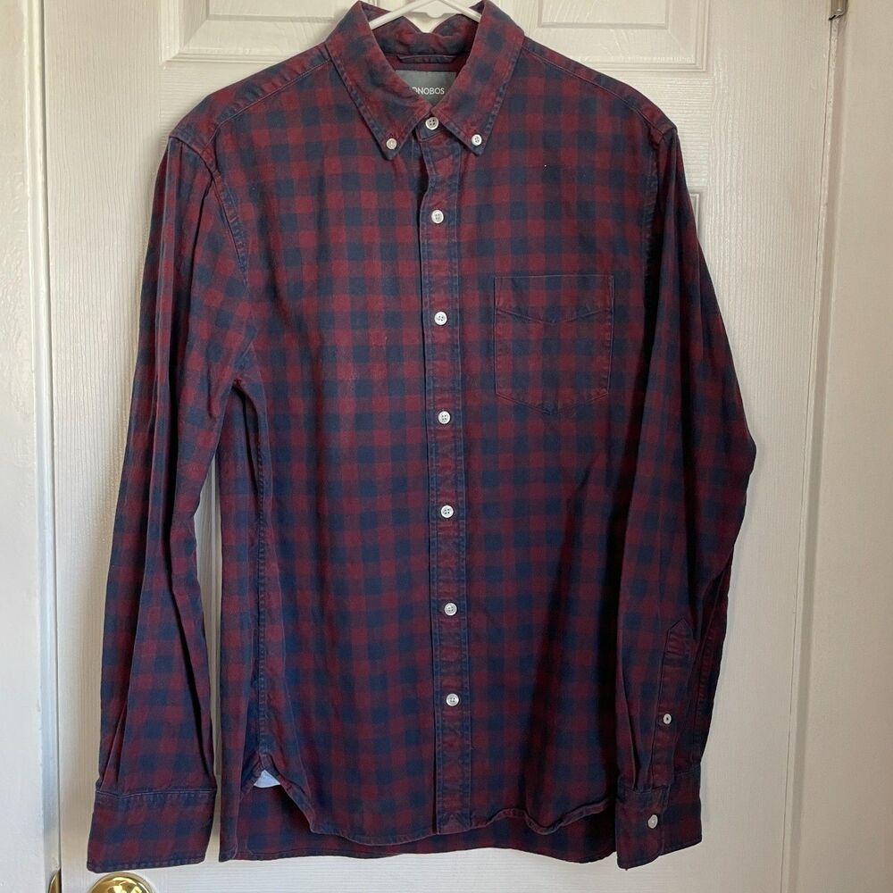 Bonobos buffalo check button front long sleeve shirt navy red
